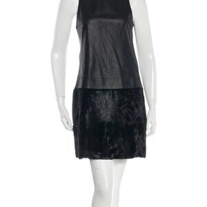 $995 THEORY BLACK LEATHER GOAT FUR SHIFT DRESS SIZE 6 Effiaria